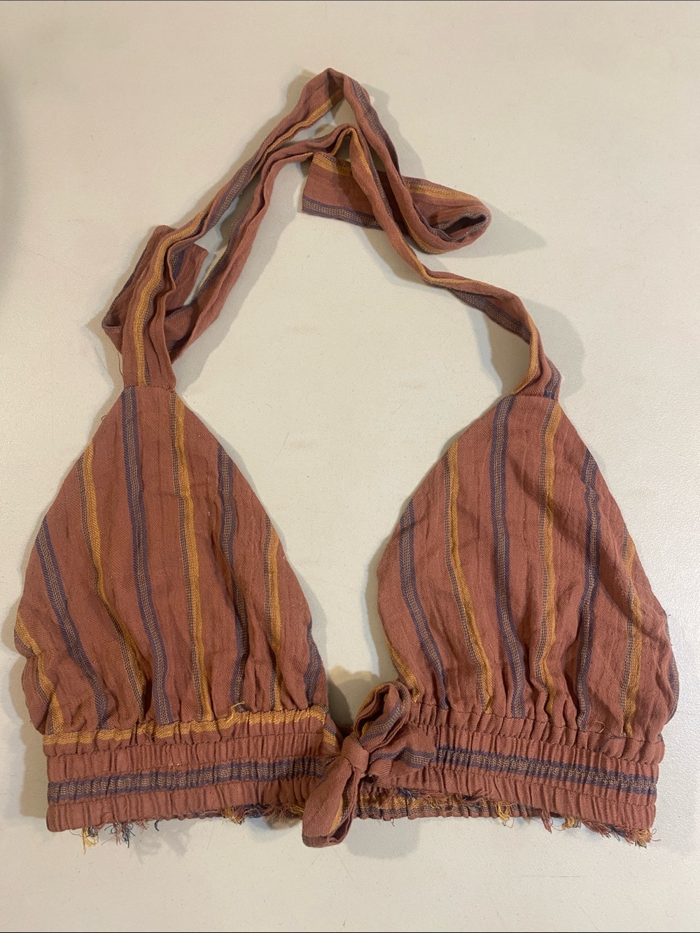 Striped Halter Tie-Front Camisole in Rust with Yellow & Gray Stripes
